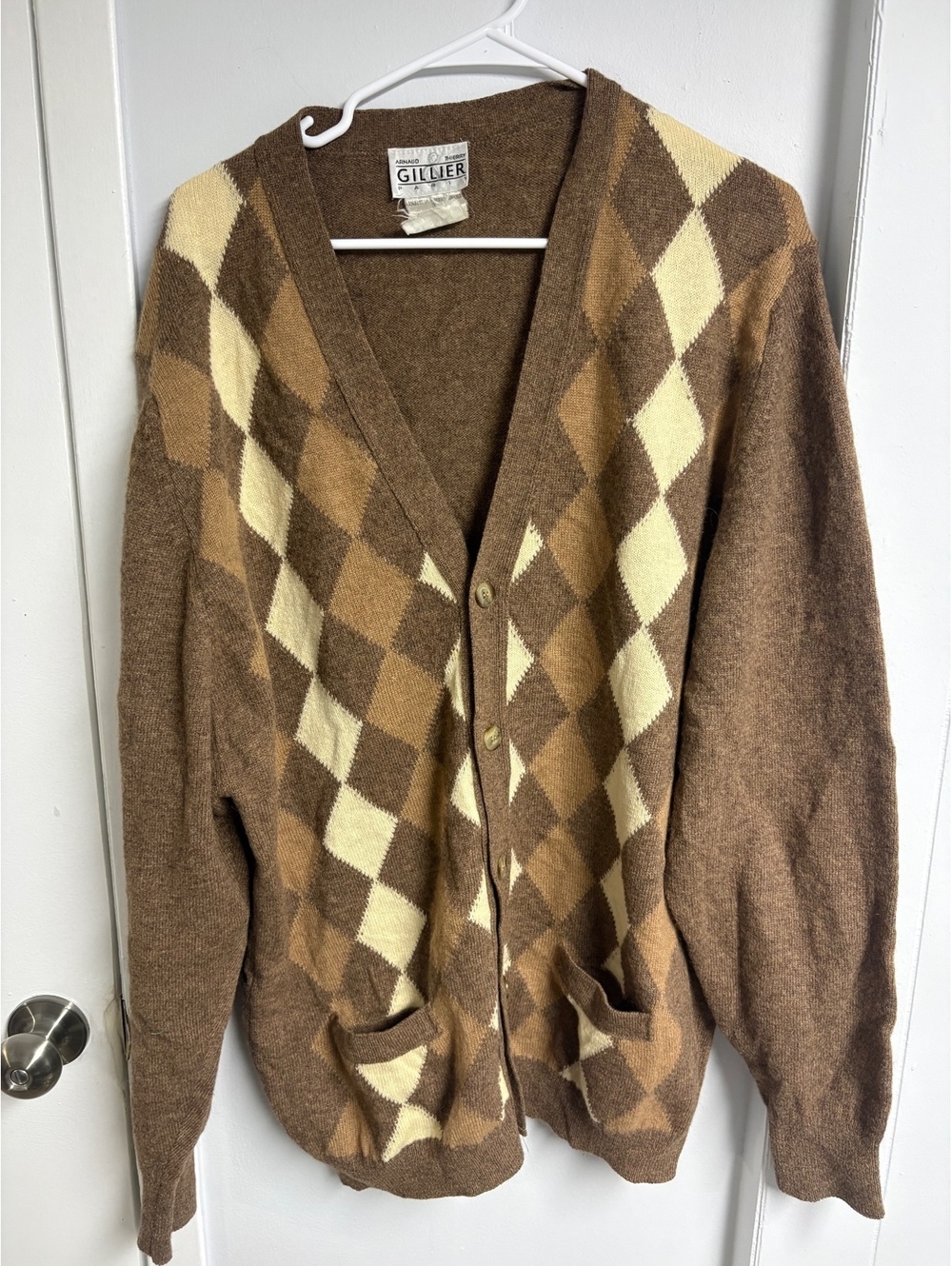 Vintage Gillier Paris 100% Camel Hair Argyle Cardigan Sweater